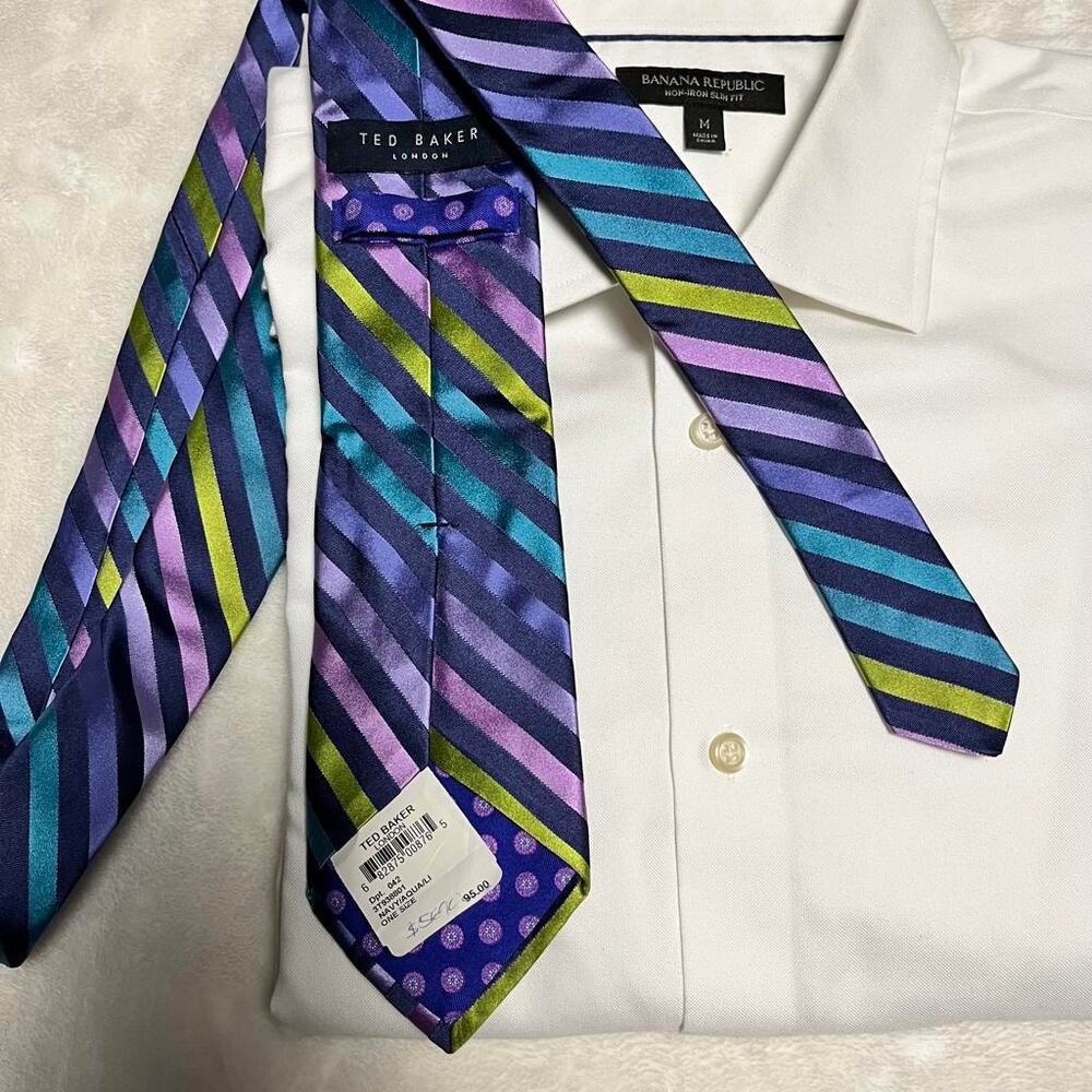 NWT Ted Baker Easter Tie Pastel Metallic Diagonal Stripes Purple Pink Green Blue